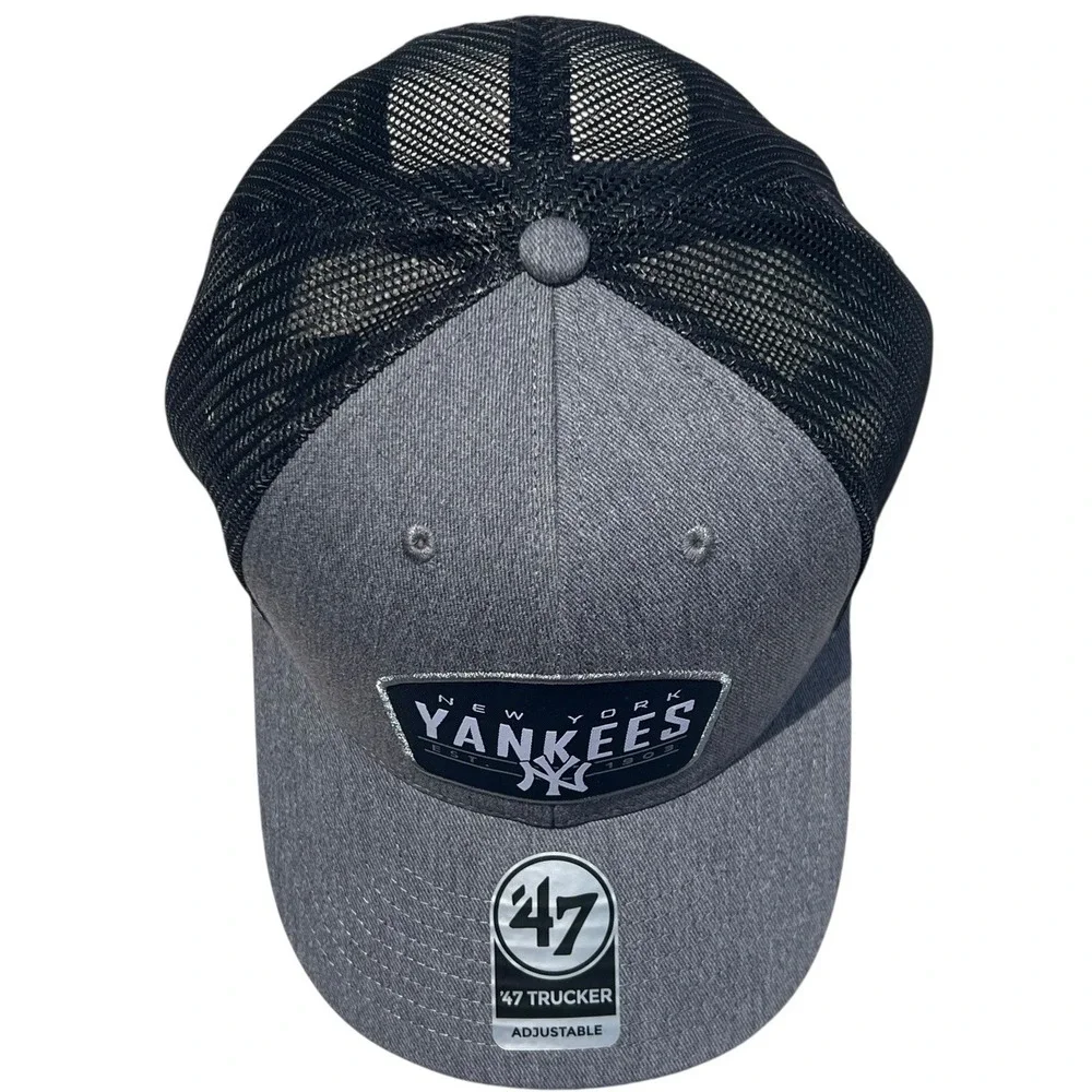 NY Yankees Baseball '47 Brand Gray Black Logo Trucker Adjustable SnapBack Hat